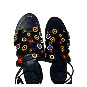 Tory Burch Marguerite Flat Sandals Navy Blue Leather Flower Flat Ankle Strap 9